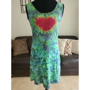 Dharma Women's Beautiful Tye Dyed Dress Size Large Green & Blue With A Heart ❤